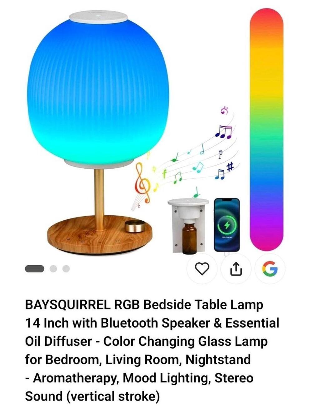 RGB Bedside Table Lamp 14 Inch with Bluetooth Speaker & Essential Oil Diffuse...